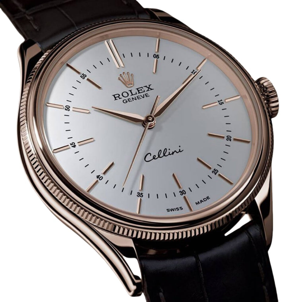 Rolex Cellini Time Rose Gold White Dial Black Strap Mens Watch 50505