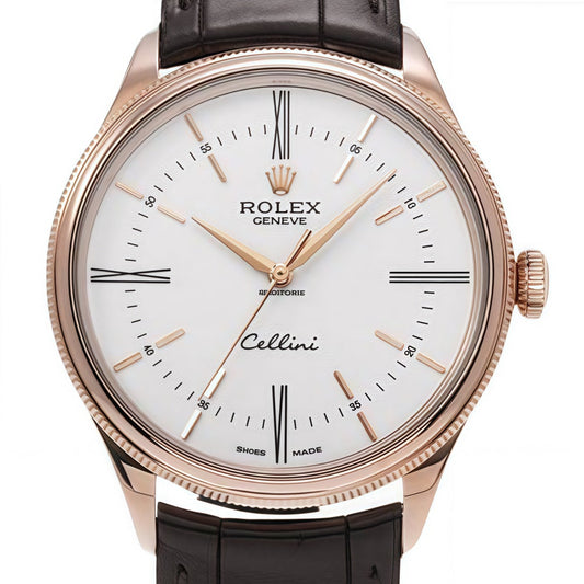 Rolex Cellini Time Rose Gold White Dial Black Strap Mens Watch 50505