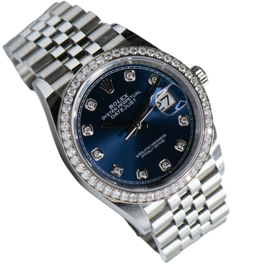ロレックス メンズ デイトジャスト ステンレススチール 36mm オイスター ダイヤモンドベゼル ネイビーブルー ダイヤモンドダイヤル 腕時計